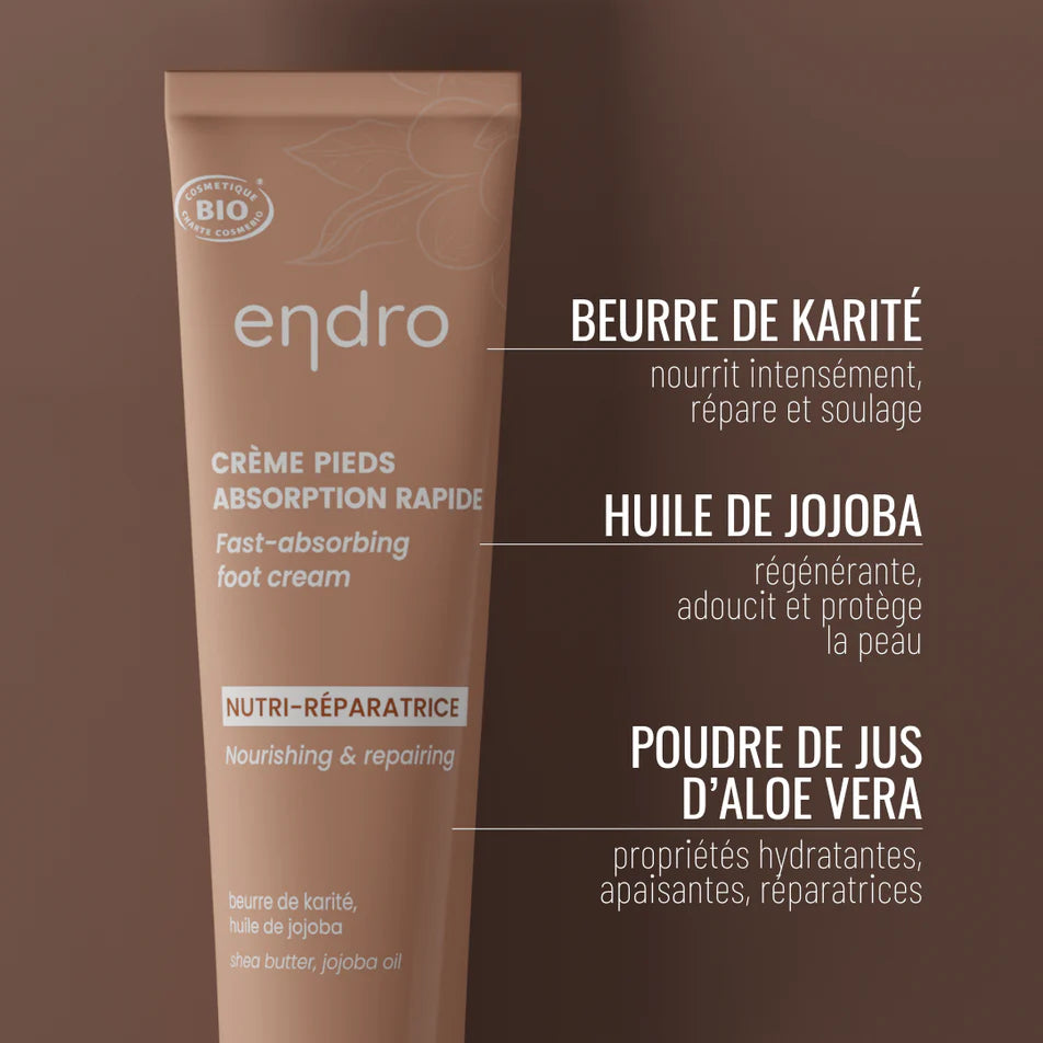 Les ingrédients de la crème hydratante pieds de 75 mL de la marque Endro et leurs bienfaits