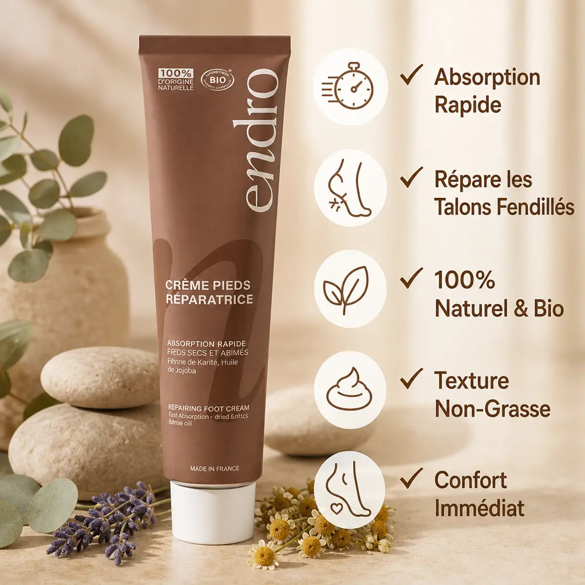 Crème hydratante pieds Endro 75mL absorption rapide répare talons fendillés naturel bio