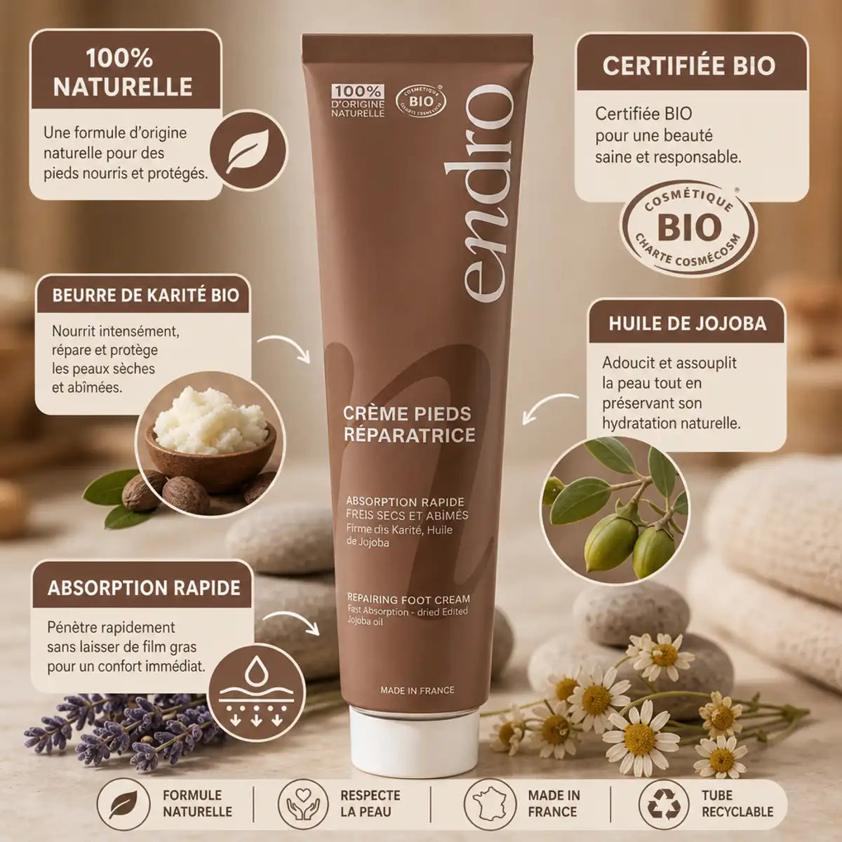 Crème hydratante pieds Endro 75mL: tube marron avec ingrédients bio beurre de karité et huile de jojoba