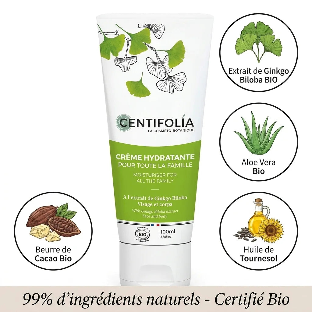Crème hydratante Centifolia 100ml avec ingrédients bio : aloe vera, ginkgo biloba, huile tournesol