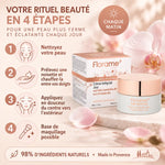Crème Intégrale Jour Âge Intense Bio Florame 50ml à côté d'un guide en 4 étapes d'application, sur fond crème et rose poudré