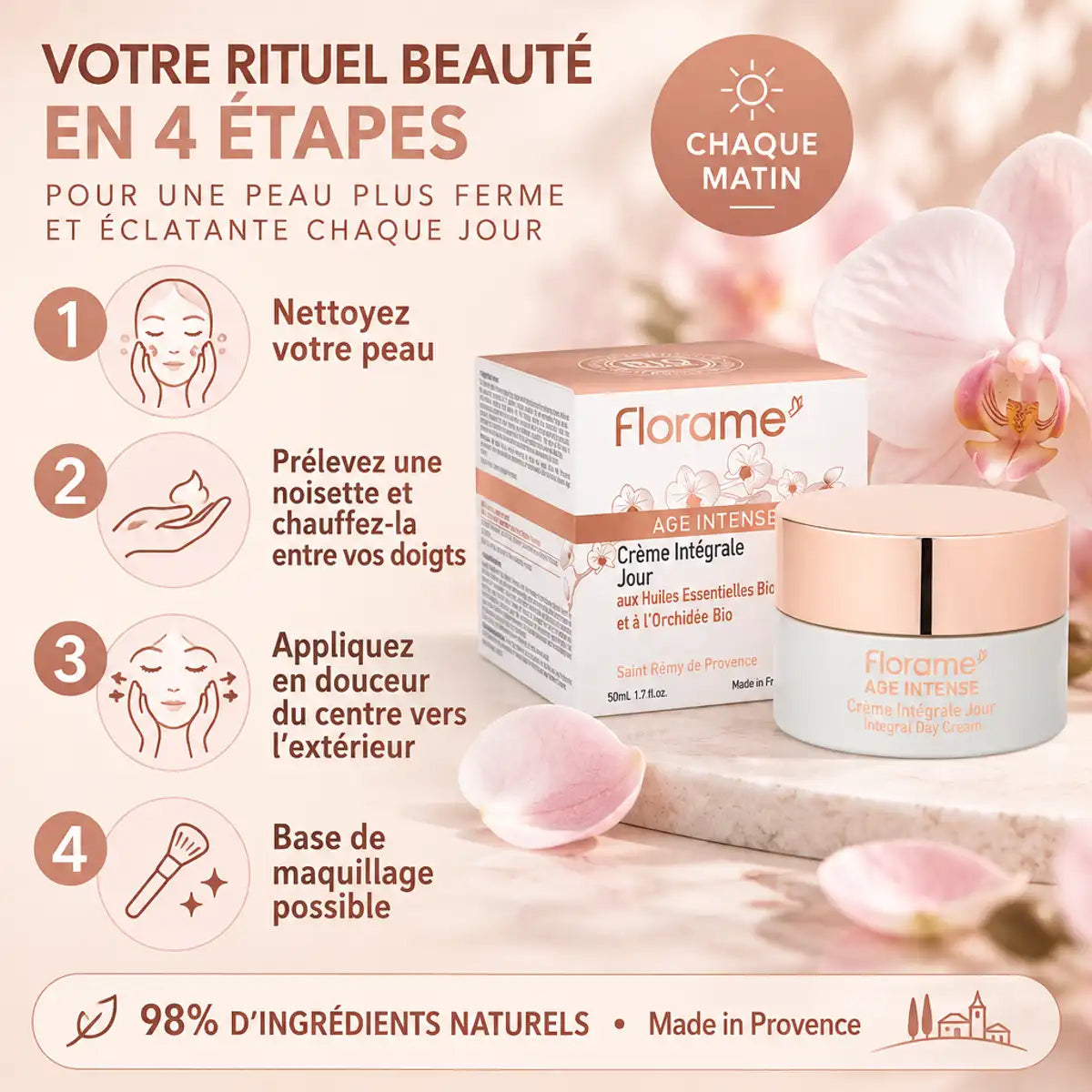 Crème Intégrale Jour Âge Intense Bio Florame 50ml à côté d'un guide en 4 étapes d'application, sur fond crème et rose poudré