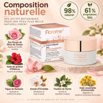 Crème Intégrale Jour Âge Intense Bio Florame 50ml, packshot et infographie des ingrédients botaniques : rose de Damas, hibiscus, figue de Barbarie