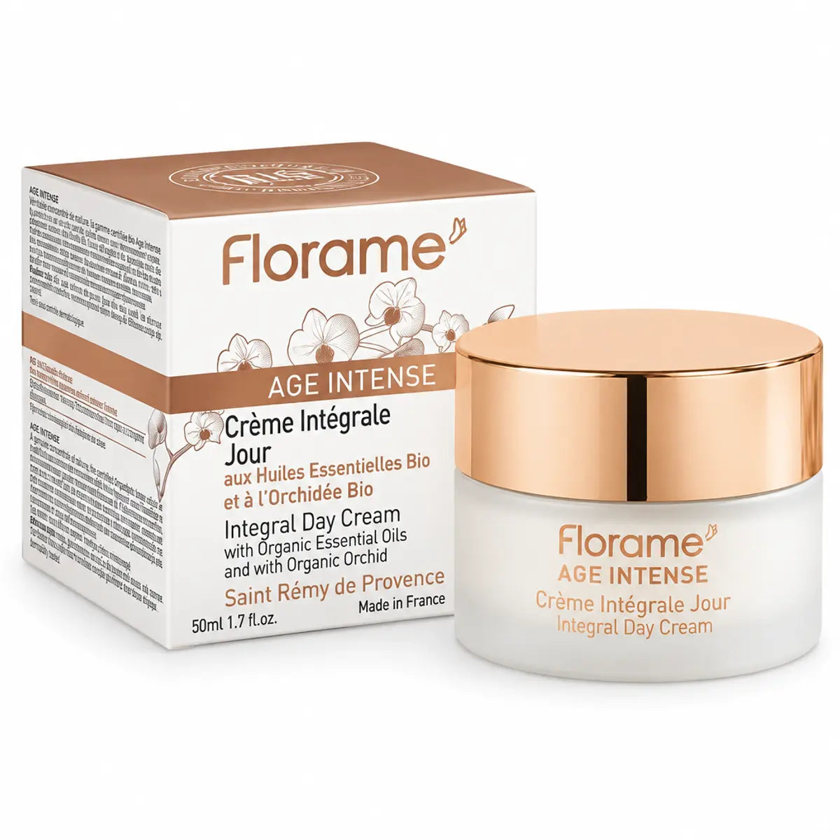 Crème Intégrale Jour Age Intense Bio Florame 50ml : boîte blanche et pot en verre givré à couvercle or rose, sur fond blanc