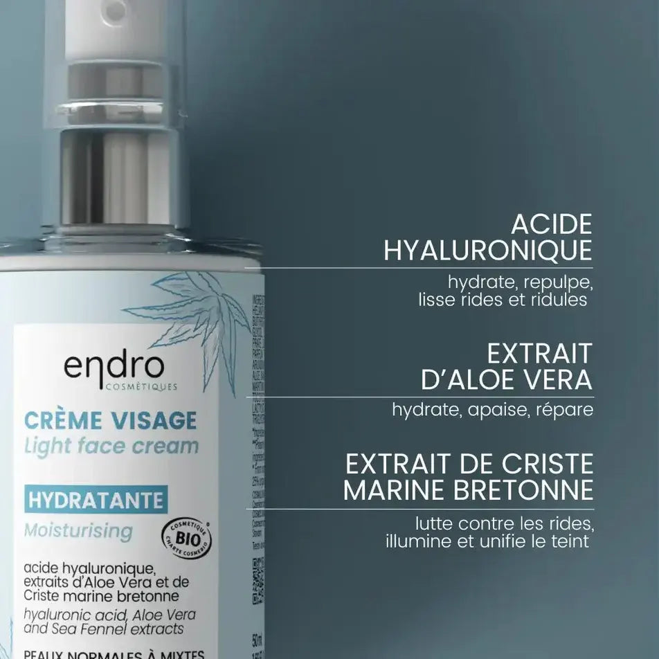 Les ingrédients de la crème légère hydratante de 50 ml de la marque Endro, et leurs bienfaits