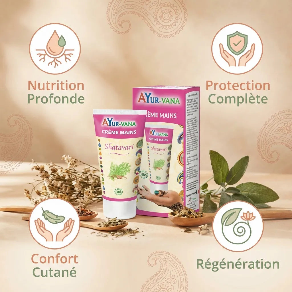 Crème mains Shatavari AyurVana 75ml avec bénéfices nutrition, protection et régénération cutanée