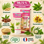 Crème mains au Shatavari AyurVana 75 ml, entourée d'ingrédients bio : jojoba, sésame, thé vert, hamamélis, Cosmébio