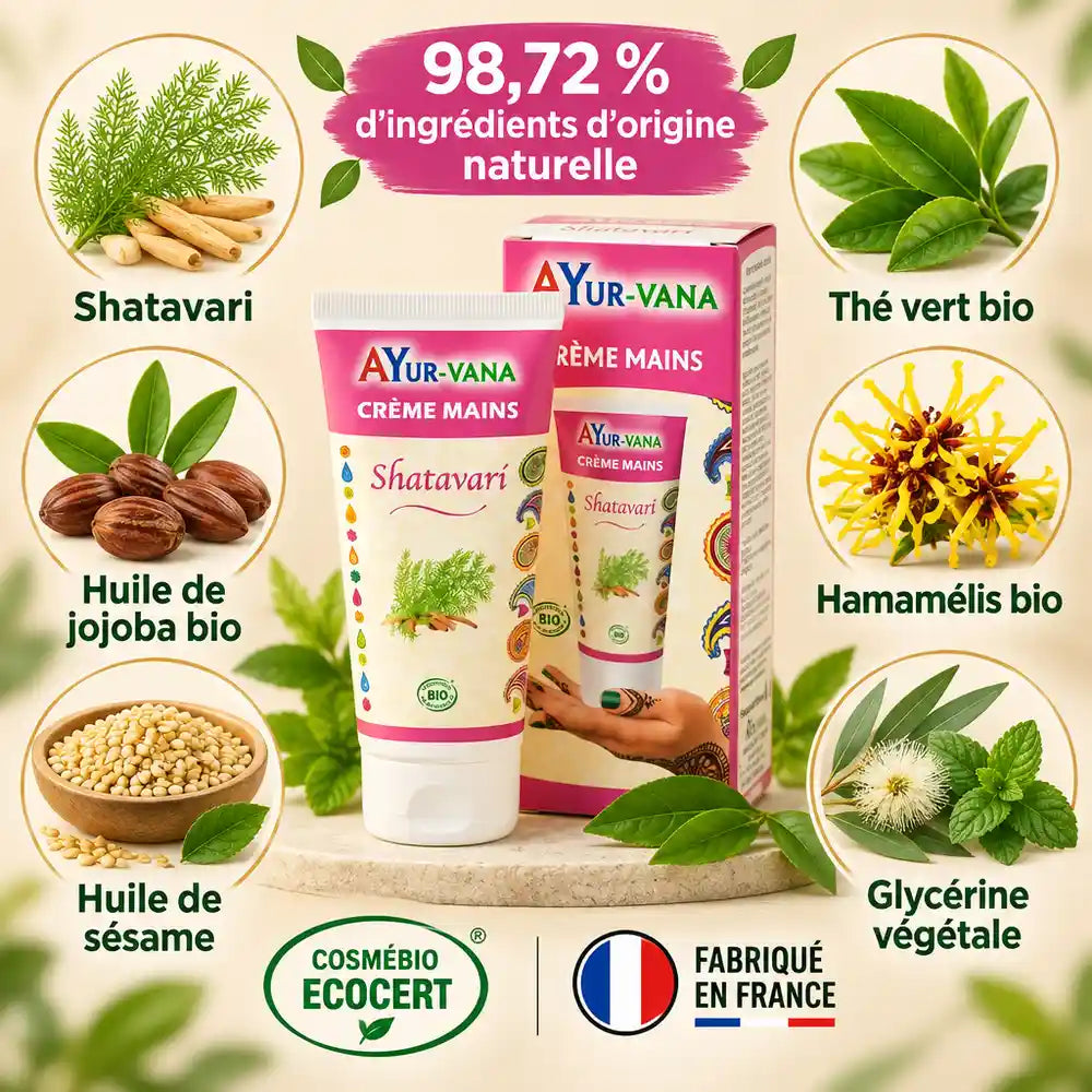 Crème mains au Shatavari AyurVana 75 ml, entourée d'ingrédients bio : jojoba, sésame, thé vert, hamamélis, Cosmébio