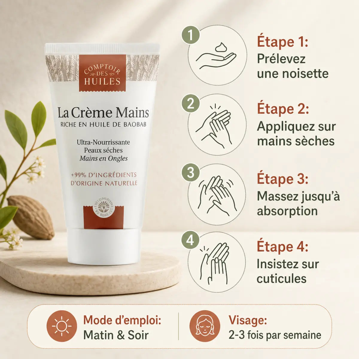 Crème Mains et Ongles Comptoir des Huiles - Mode d'emploi application peaux sèches