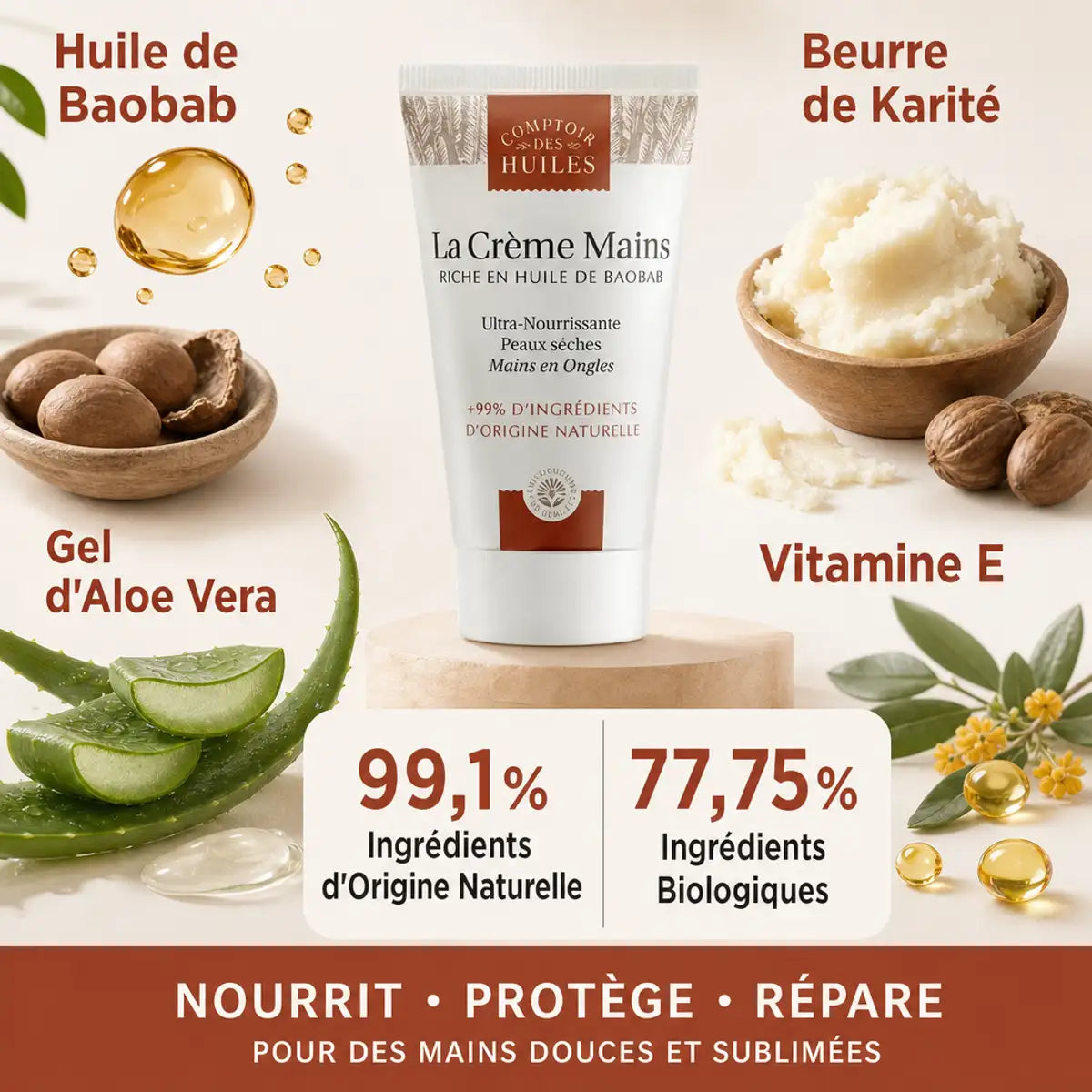 Crème mains nourrissante Comptoir des Huiles avec ingrédients naturels, baobab, karité et aloe vera