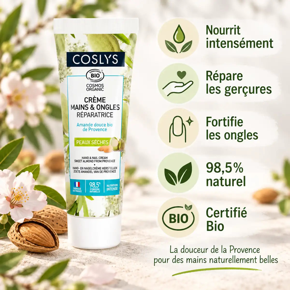 Crème mains ongles bio Coslys 50ml - tube réparateur certifié avec bénéfices