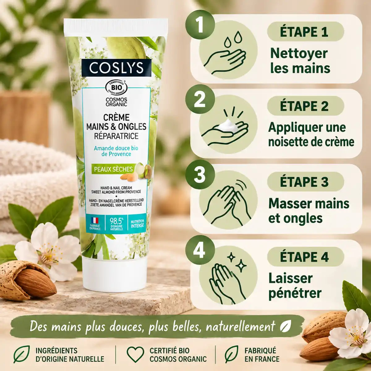 Crème mains ongles bio Coslys 50ml avec guide application 4 étapes - Cosmos certifiée