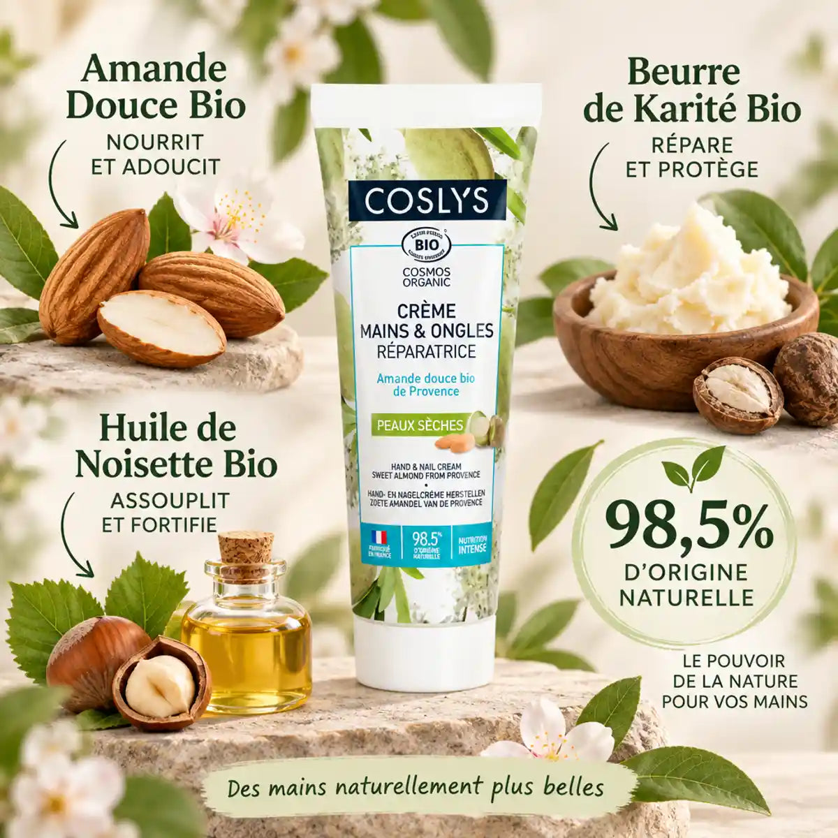 Crème mains ongles réparatrice bio Coslys 50ml avec ingrédients naturels certifiés