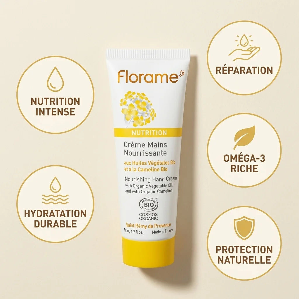 Crème mains nourrissante bio Florame 50ml avec benefits nutrition intense réparation hydratation