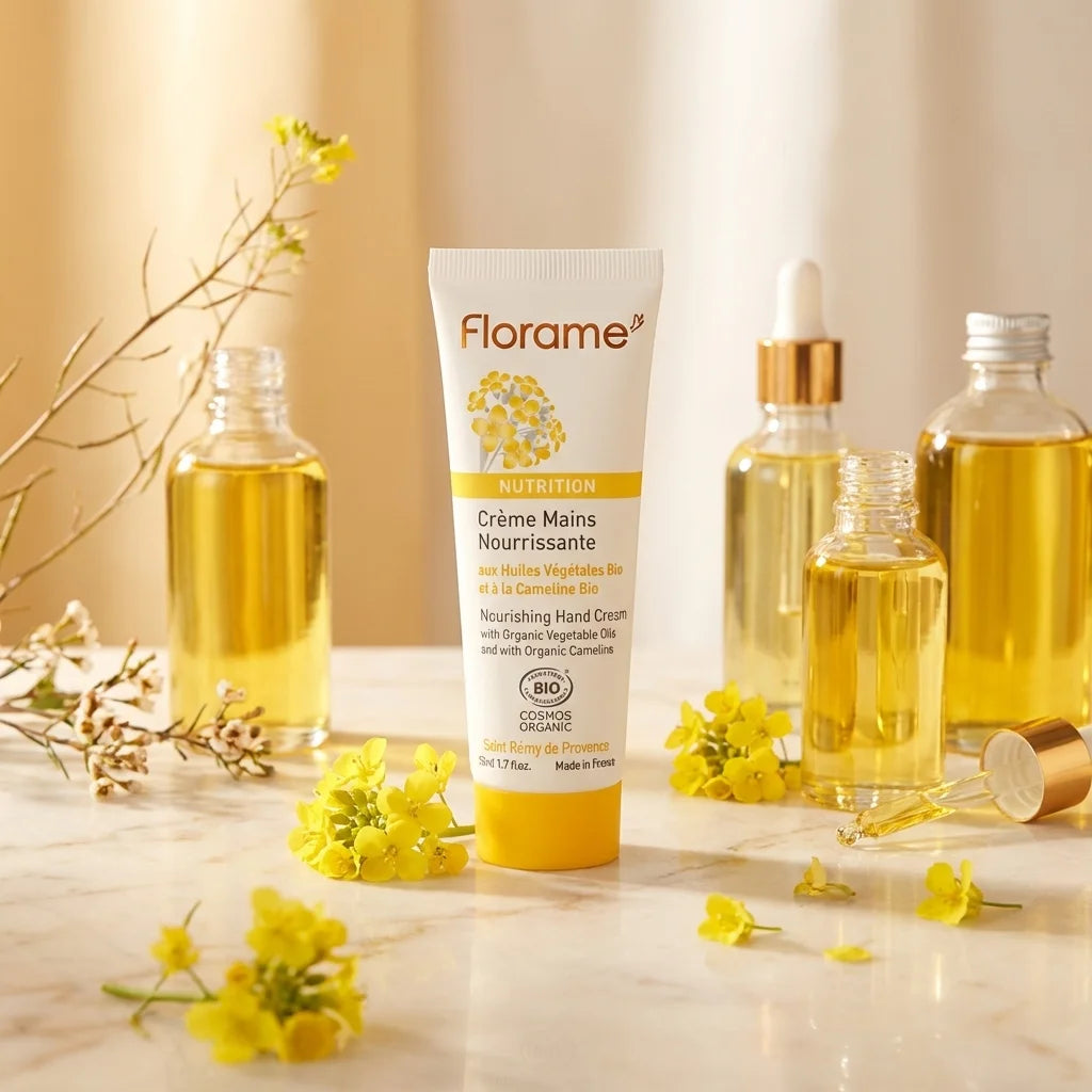 Crème mains nourrissante bio Florame 50ml entourée d'ingrédients naturels et huiles végétales