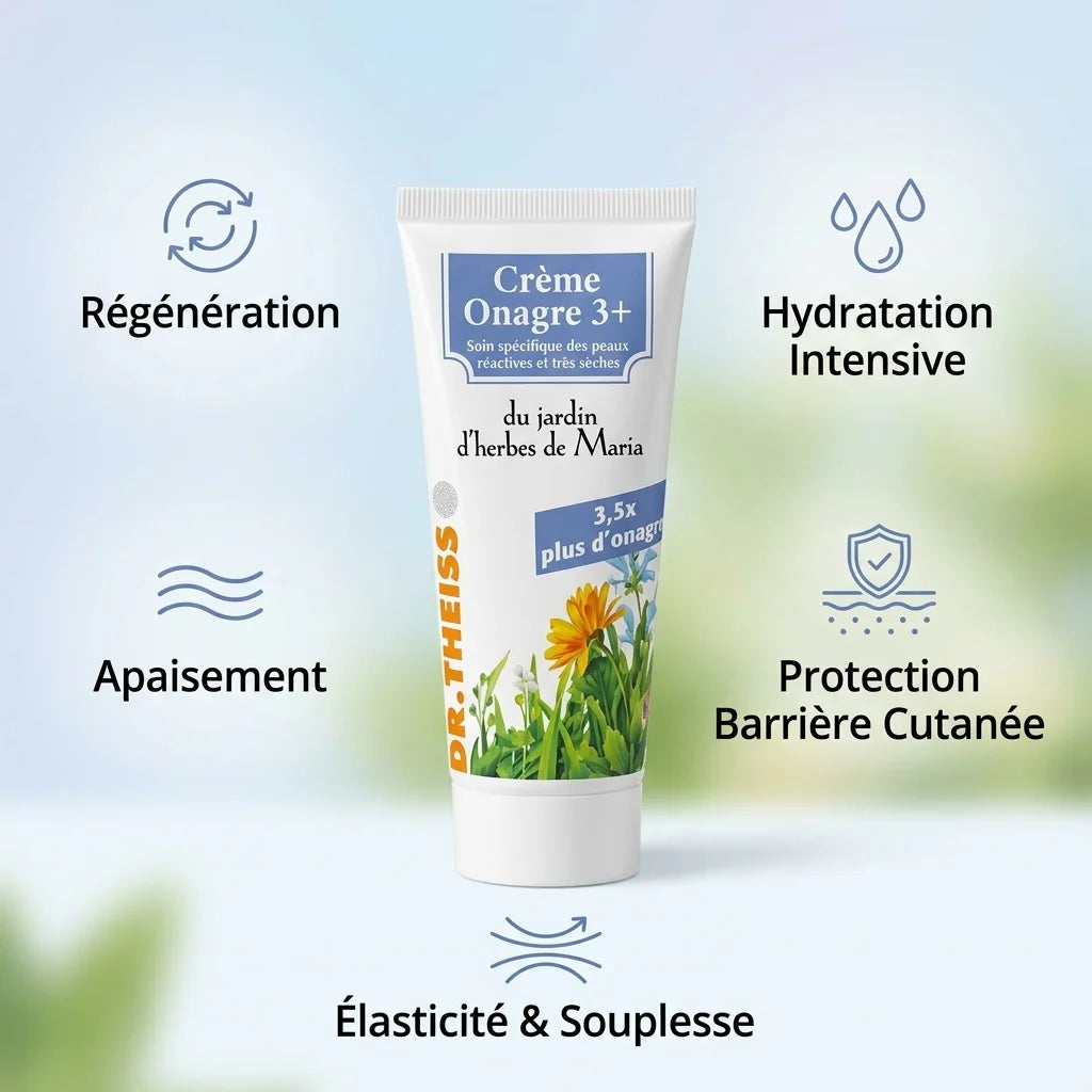 Crème Onagre 3+ Dr.Theiss 100ml avec 5 bénéfices : régénération, apaisement, hydratation, protection, élasticité