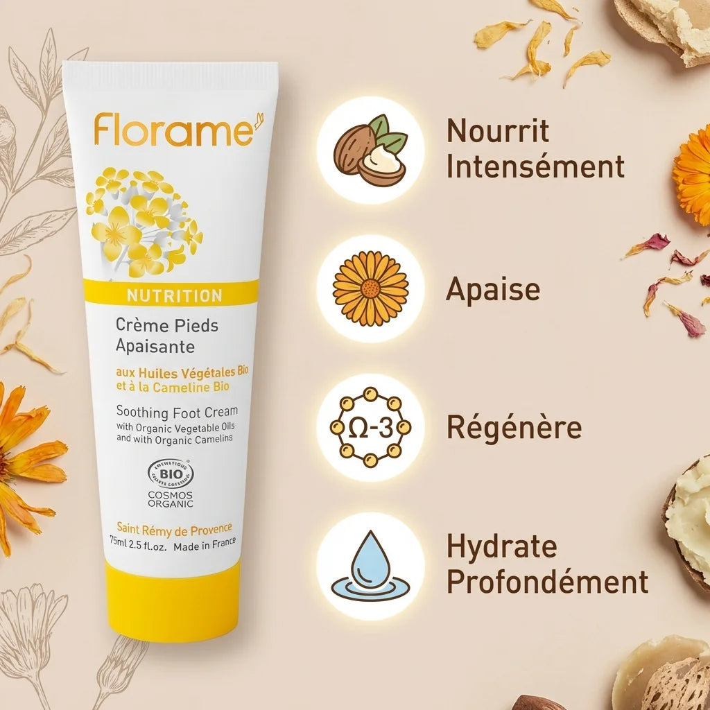 Crème pieds apaisante bio Florame 75ml avec bénéfices nourrit, apaise, régénère et hydrate