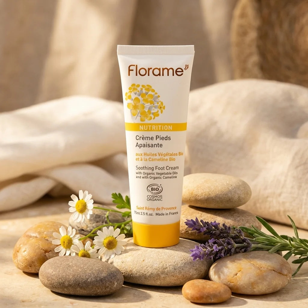 Crème pieds apaisante bio Florame 75ml tube blanc sur fond spa naturel