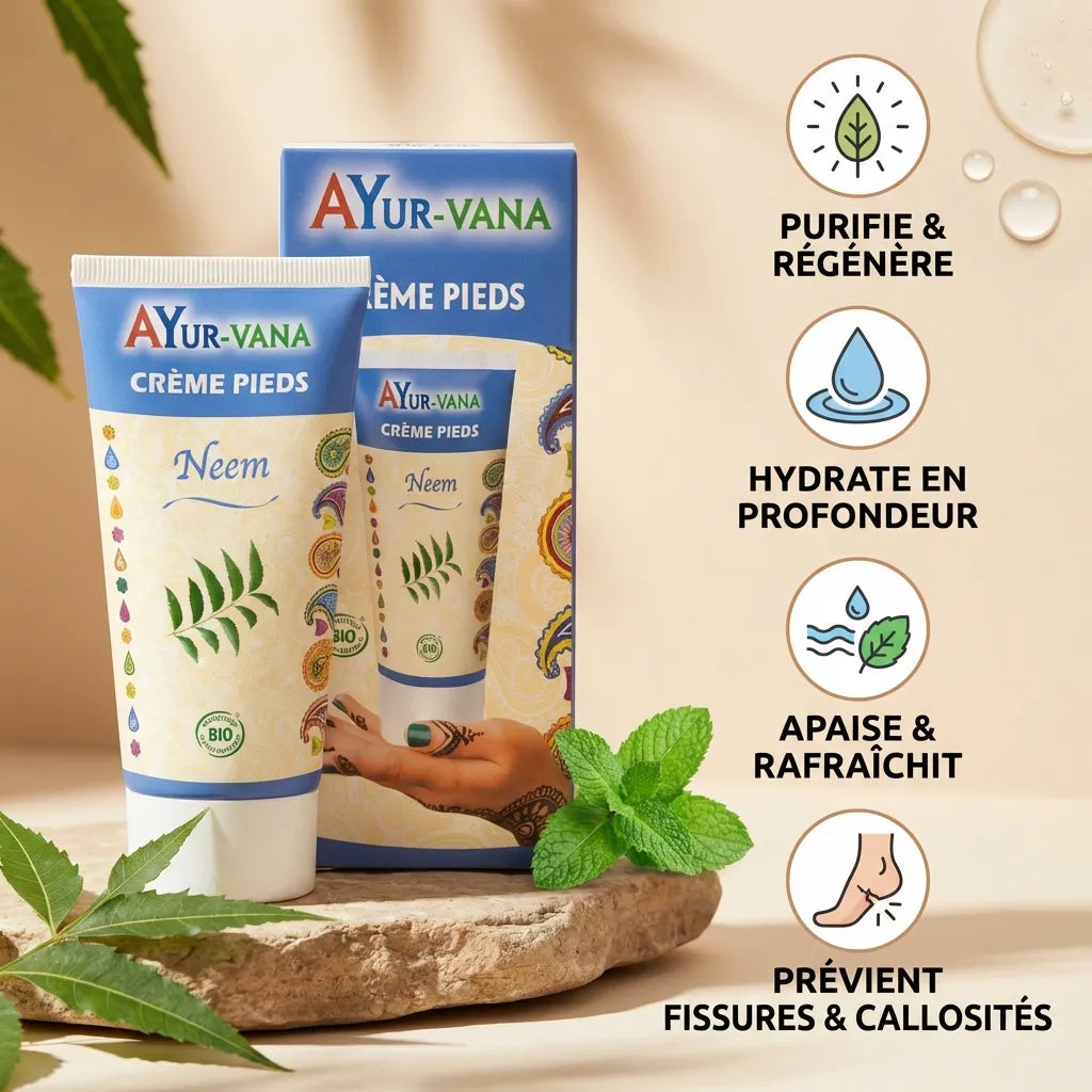 Crème Pieds Neem AyurVana 75ml - Infographie bénéfices hydratation régénération peau
