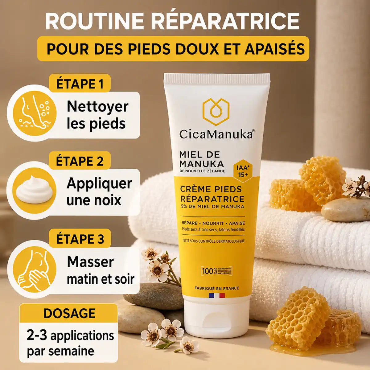 Crème pieds réparatrice CicaManuka 5% miel manuka IAA15+ avec guide d'application étapes spa