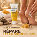 Crème pieds CicaManuka 5% miel de Manuka réparant talons fendillés, tube blanc avec bande jaune
