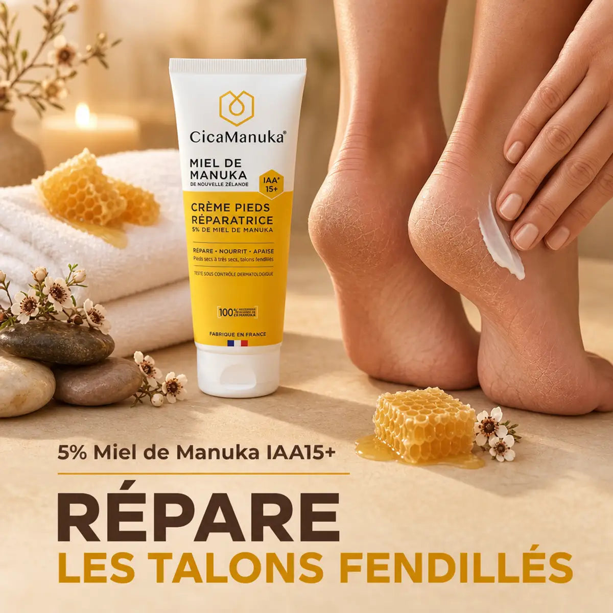 Crème pieds CicaManuka 5% miel de Manuka réparant talons fendillés, tube blanc avec bande jaune
