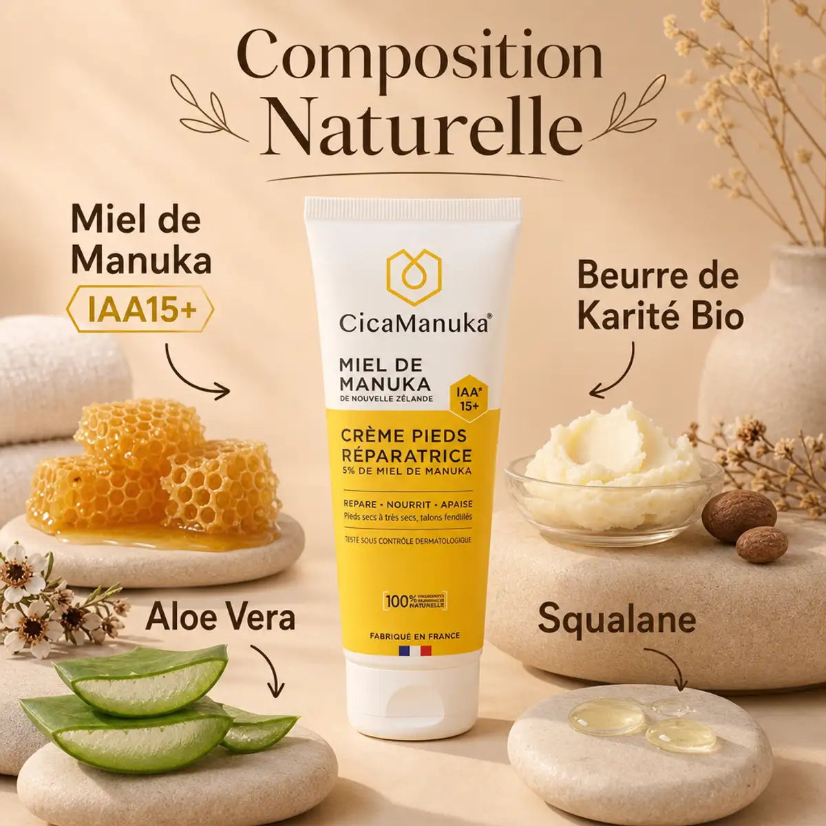 Crème pieds réparatrice CicaManuka 5% miel Manuka IAA15+ avec ingrédients naturels
