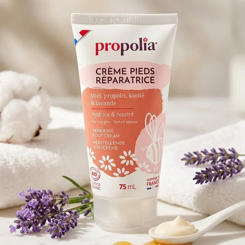 Crème pieds secs Propolia 75ml miel propolis karité lavande sur marbre avec lavande