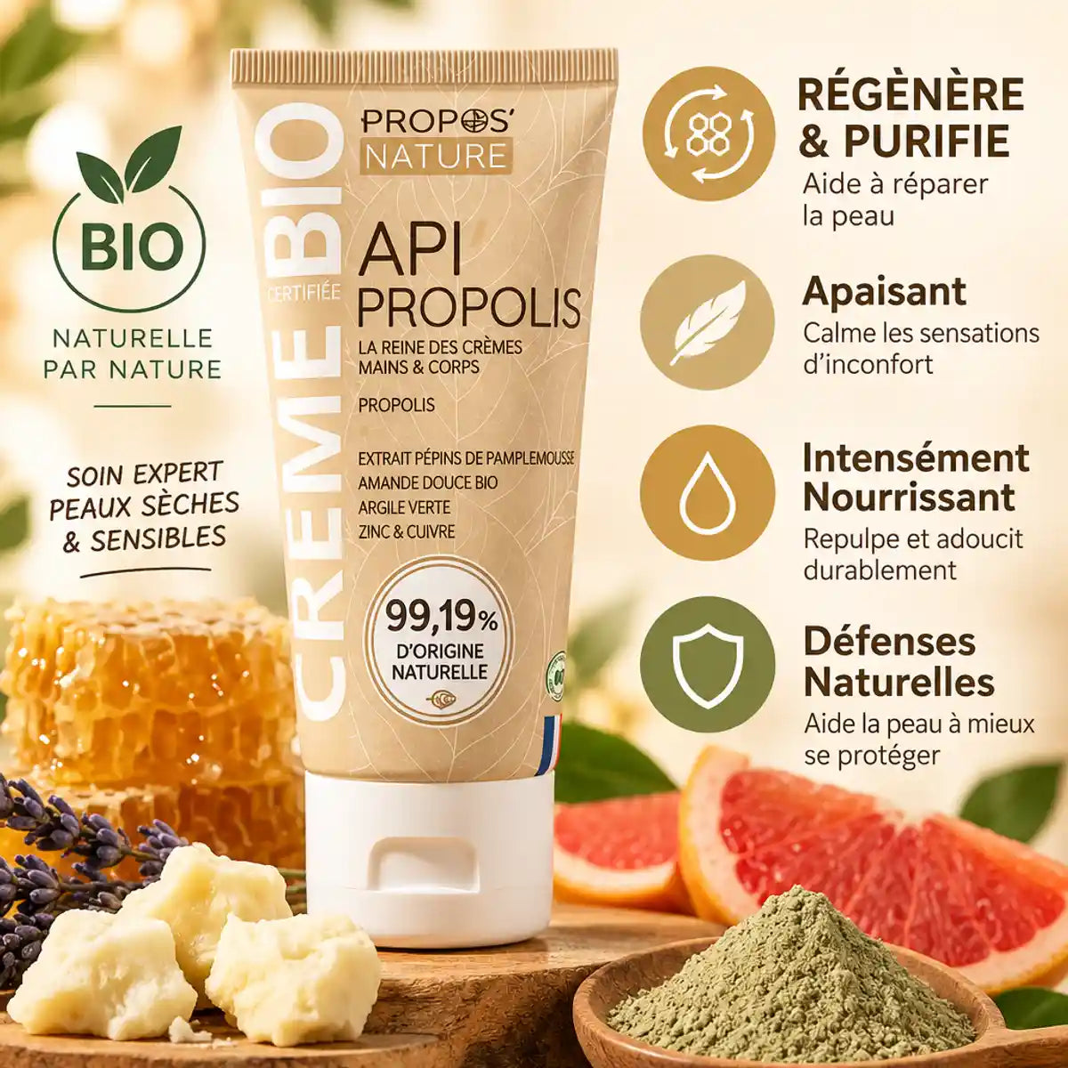 Crème Propolis bio 100ml Propos'Nature régénérante et purifiante avec ingrédients naturels
