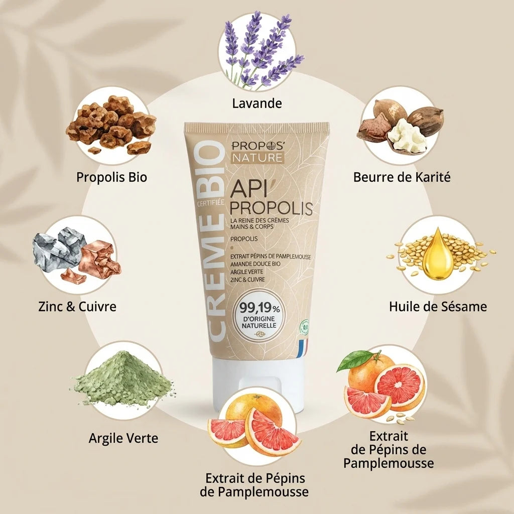 Crème Propolis bio 100ml Propos'Nature avec ingrédients naturels lavande, karité, argile verte
