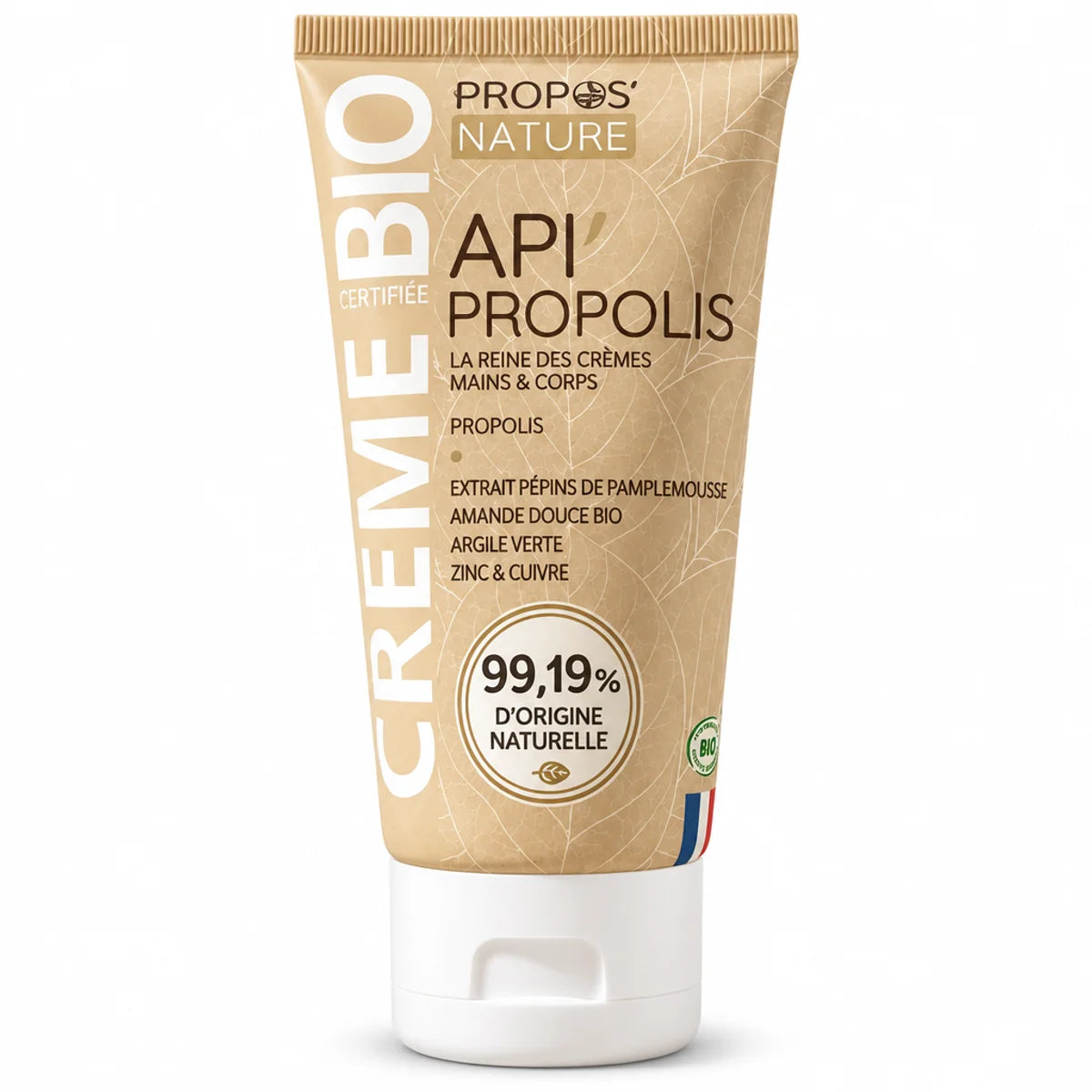Crème Propolis bio 100 ml Propos'Nature tube blanc avec pompe et étiquette kraft