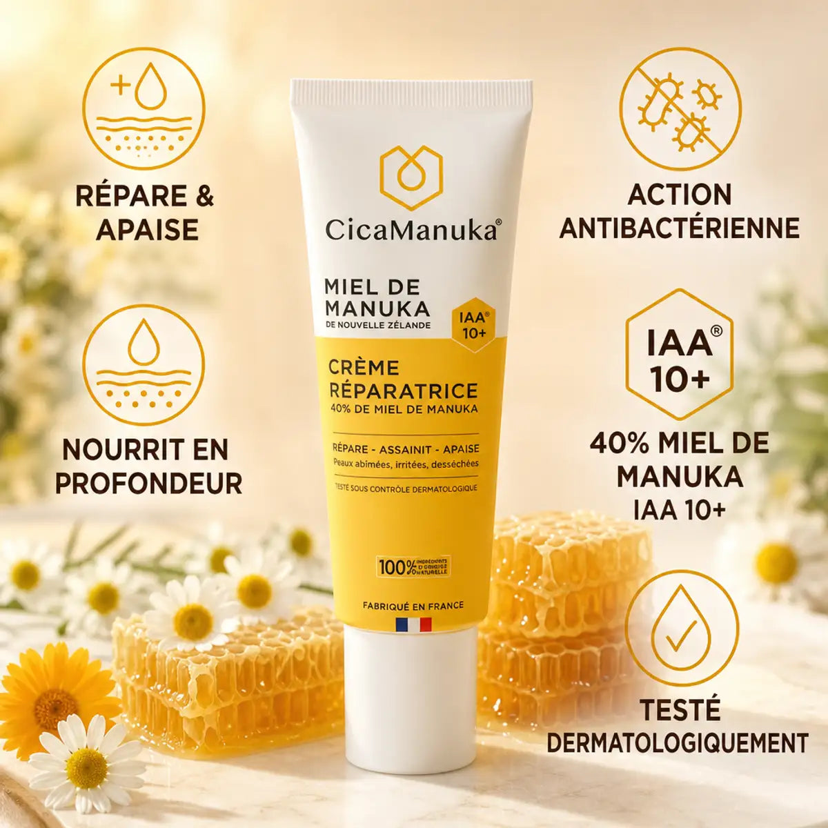 Crème réparatrice CicaManuka 40% miel de manuka IAA10+ avec bénéfices de soin naturel