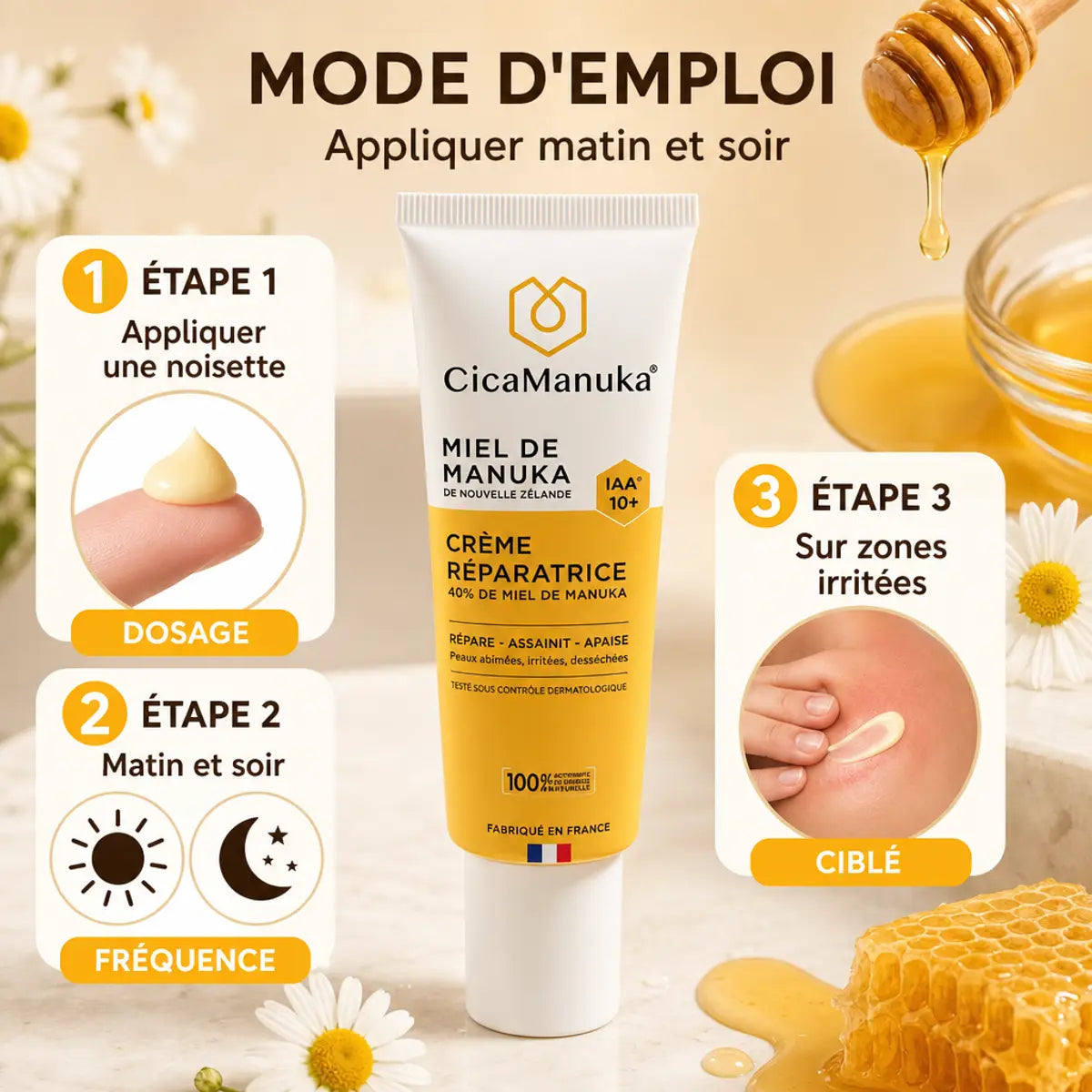 Crème réparatrice CicaManuka 40% Miel de manuka avec guide d'application matin et soir