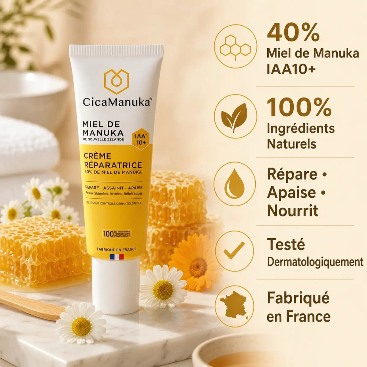 Crème réparatrice CicaManuka 40% miel de manuka IAA10+ avec ingrédients naturels et certification France