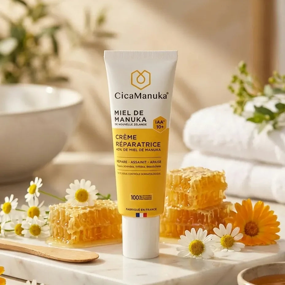 Crème CicaManuka Miel de manuka 40% IAA10+ 40ml sur marbre avec fleurs et miel