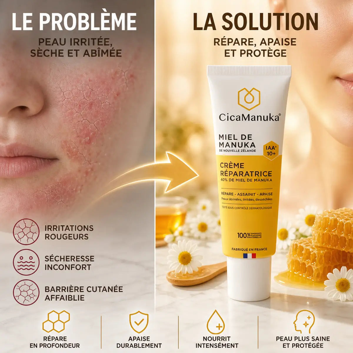 Crème CicaManuka 40% Miel - Avant après peau irritée vs peau réparée et lumineuse