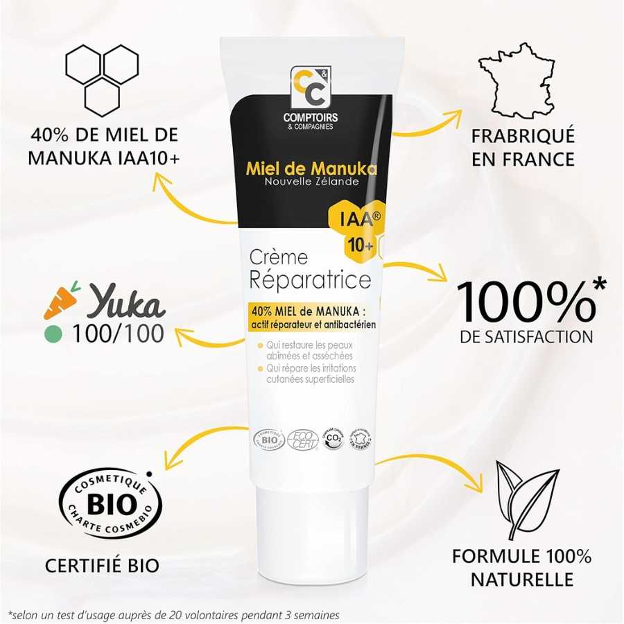 Origine, composition et note Yuka de la crème réparatrice au miel de manuka de 40ml de la marque Comptoirs et compagnies