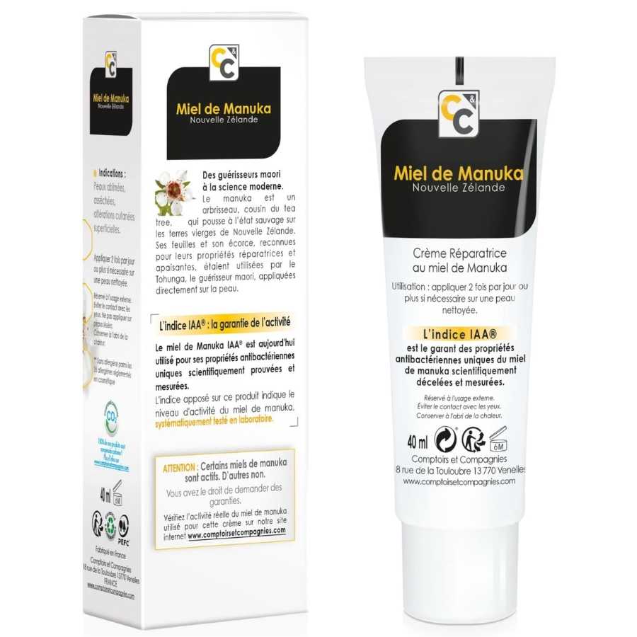 Face arrière d'un tube de crème réparatrice au miel de manuka de 40ml de la marque Comptoirs et compagnies