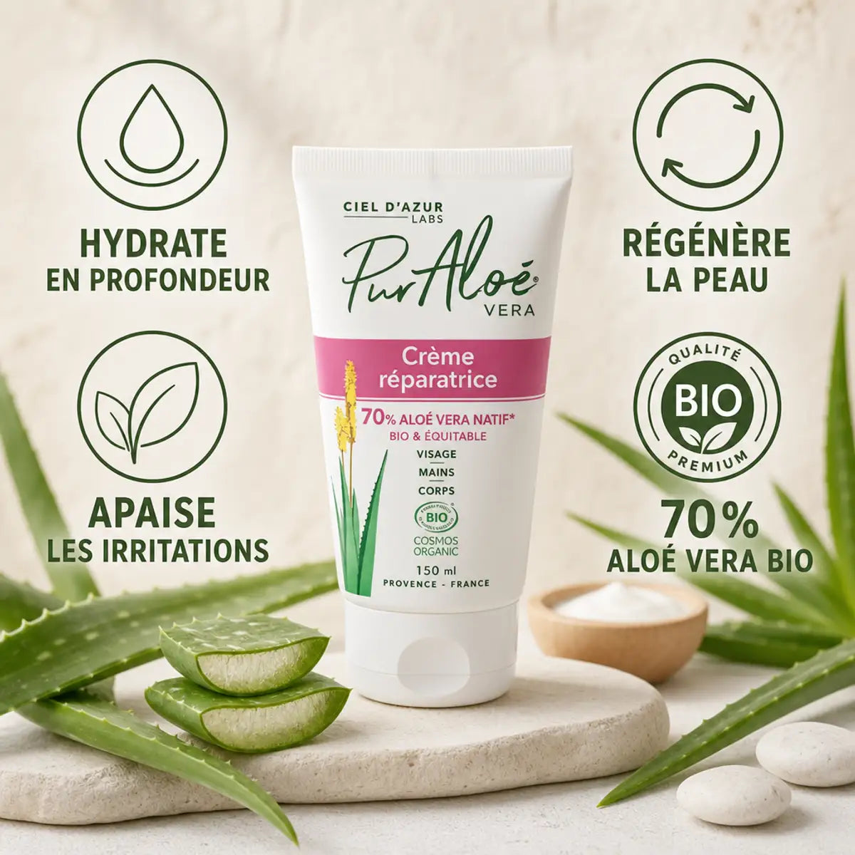 Crème réparatrice Pur'Aloé 150ml avec Aloé Vera bio, hydratation et apaisement cutané