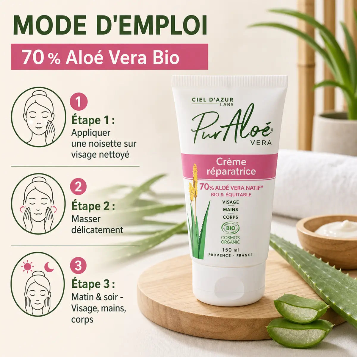 Crème réparatrice Pur'Aloé Vera bio 150ml avec guide d'utilisation et feuilles d'aloé frais