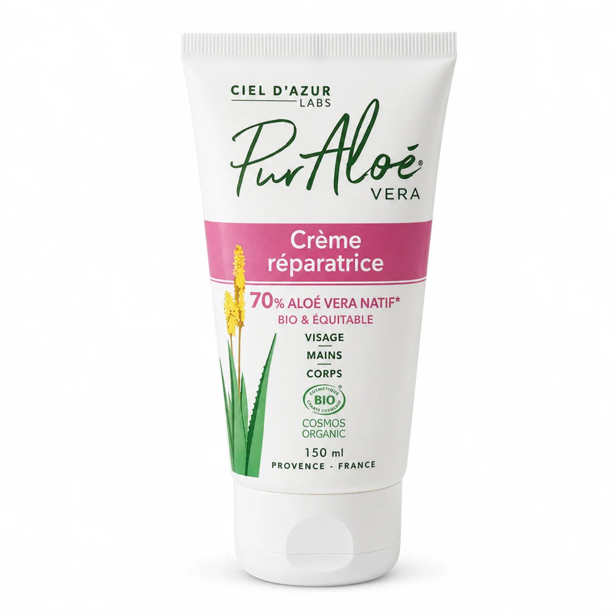 Tube crème réparatrice Aloé Vera bio Pur'Aloé 150ml sur fond blanc