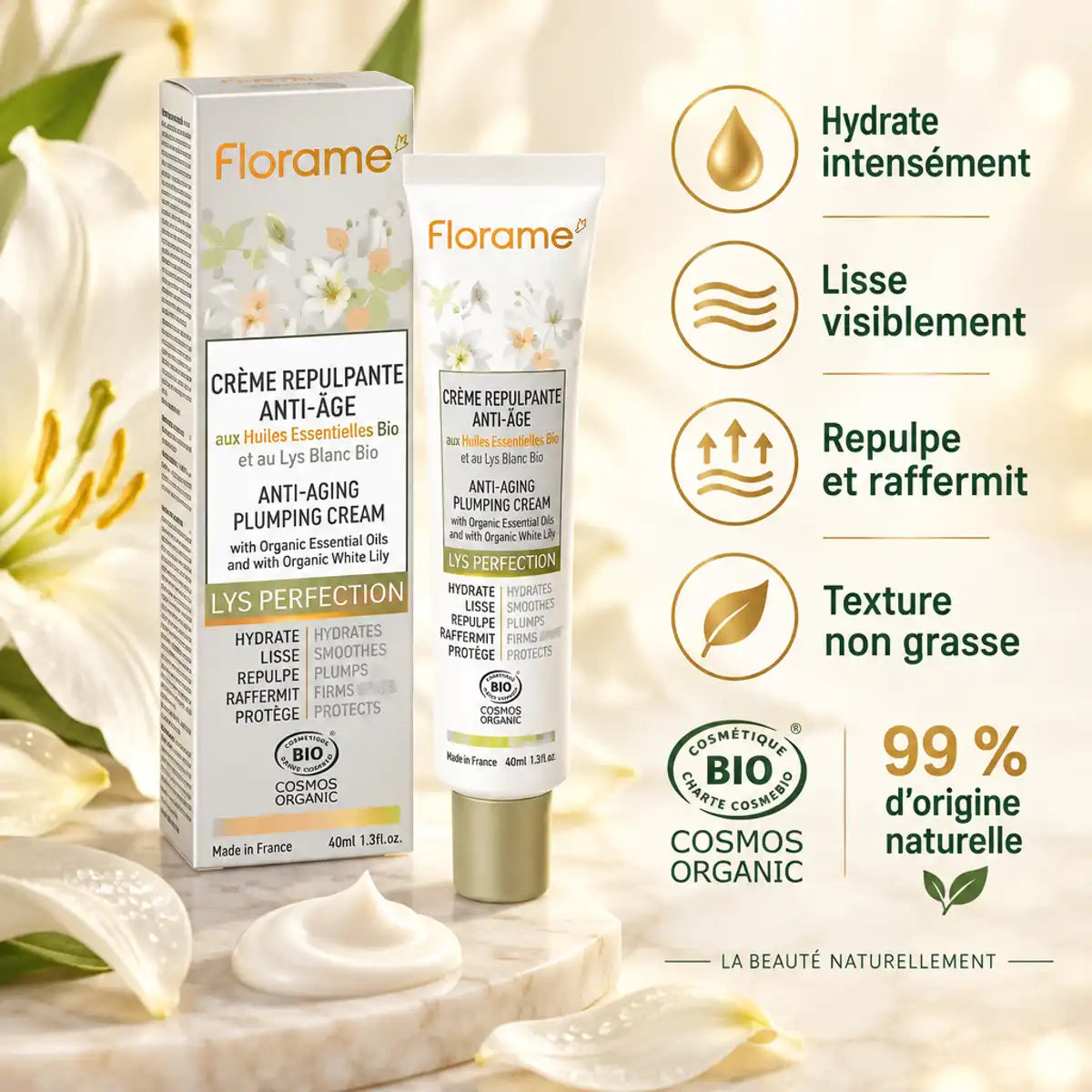 Crème Repulpante Anti-Âge Lys Perfection Florame bio 40 ml, tube et boîte sur fond nacré avec pétales de lys blancs