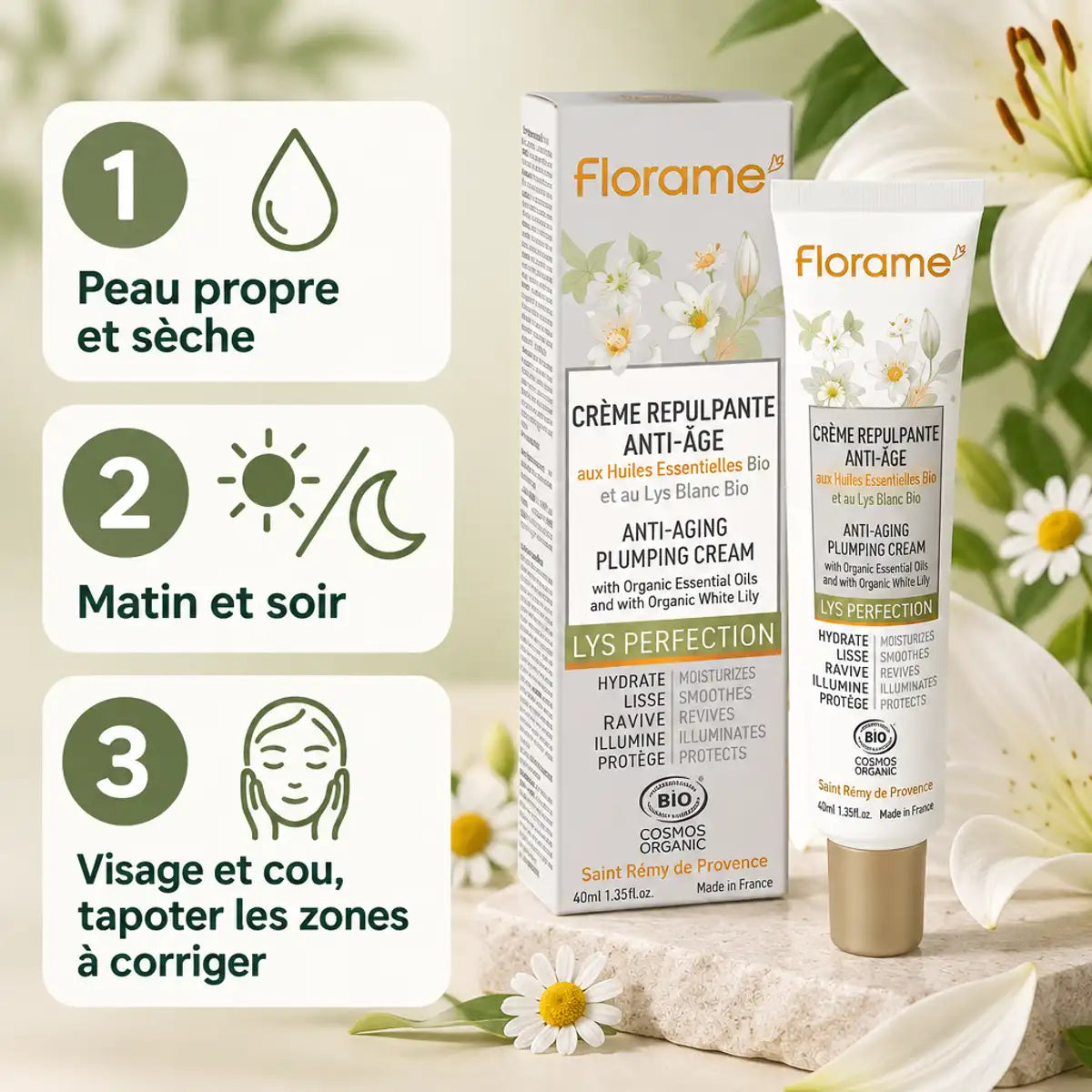 Crème Repulpante Anti-Âge Bio Florame 40 ml à côté d'une infographie en 3 étapes : peau propre, matin et soir, tapoter visage et cou