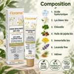 Crème Repulpante Anti-Âge Bio Florame 40 ml : composition avec acide hyaluronique, lys blanc, jojoba, immortelle et badges COSMOS ORGANIC