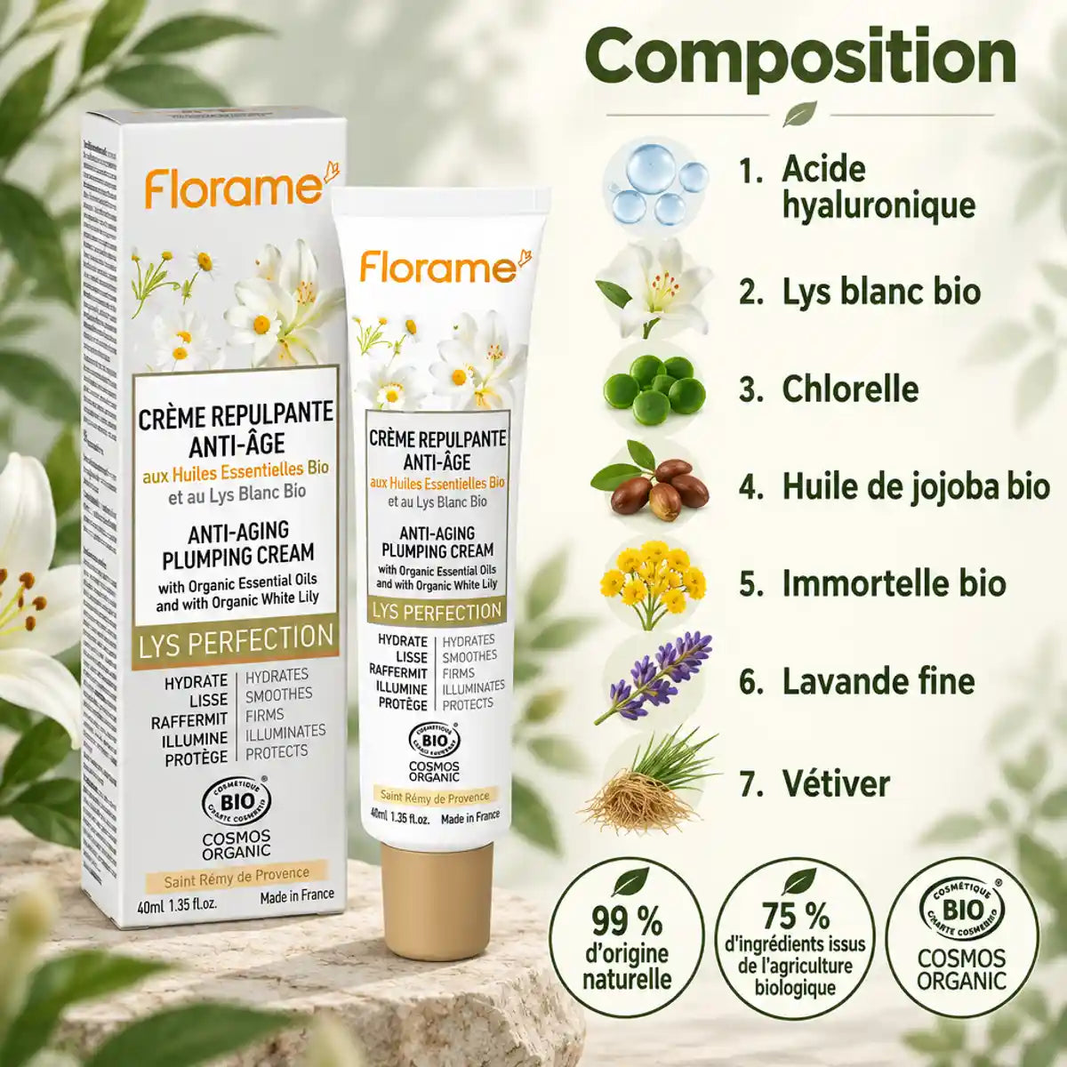 Crème Repulpante Anti-Âge Bio Florame 40 ml : composition avec acide hyaluronique, lys blanc, jojoba, immortelle et badges COSMOS ORGANIC
