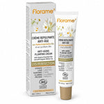 Crème Repulpante Anti-Âge Bio Florame 40 ml : boîte et tube avec motifs floraux de lys et camomille, fond blanc