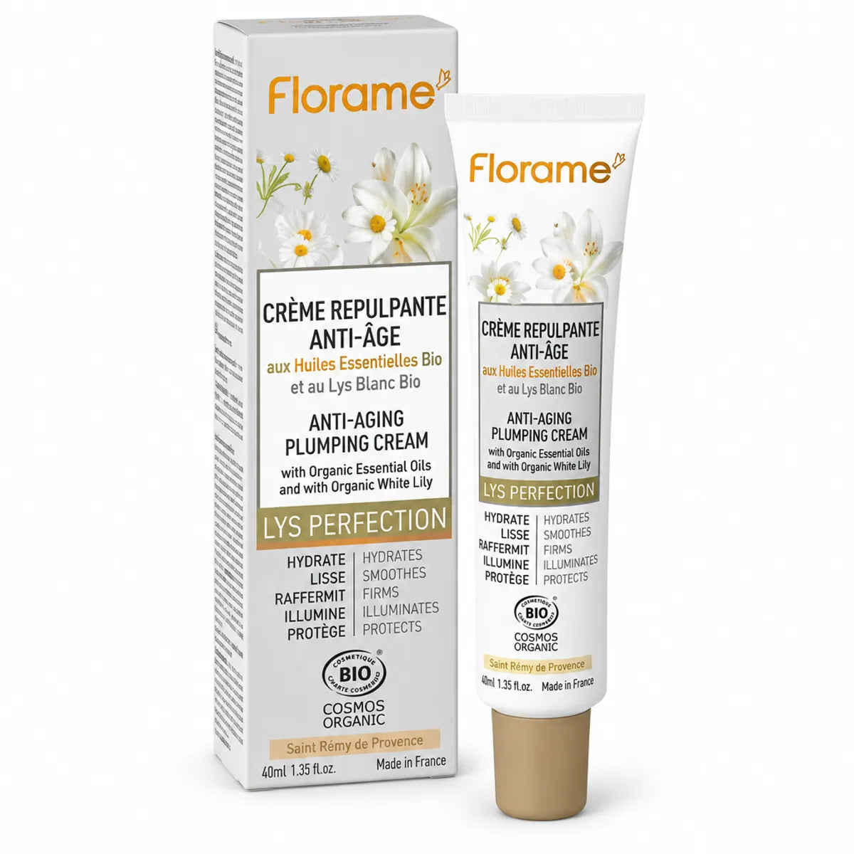 Crème Repulpante Anti-Âge Bio Florame 40 ml : boîte et tube avec motifs floraux de lys et camomille, fond blanc
