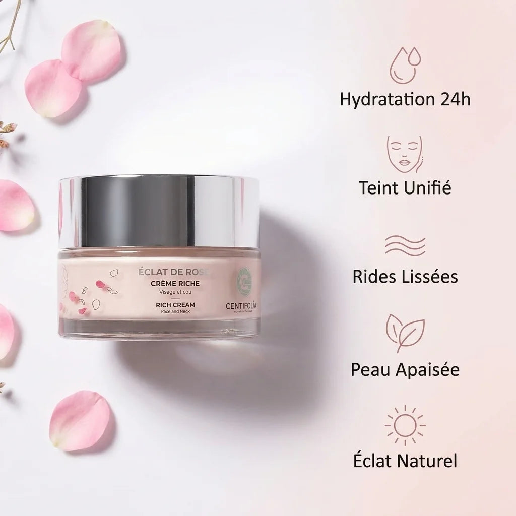 Crème Riche Éclat de Rose Bio 50ml Centifolia avec bénéfices : hydratation, teint unifié, rides lissées