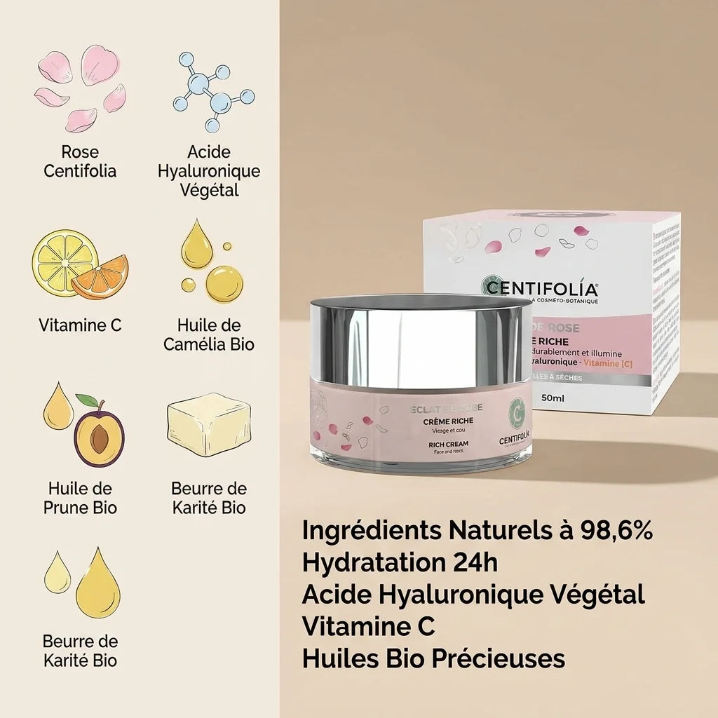 Crème Riche Éclat de Rose Bio 50ml Centifolia avec ingrédients naturels et acide hyaluronique