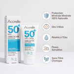 Crème solaire bébé SPF 50 bio Acorelle 50ml avec infographie des bénéfices protecteurs naturels